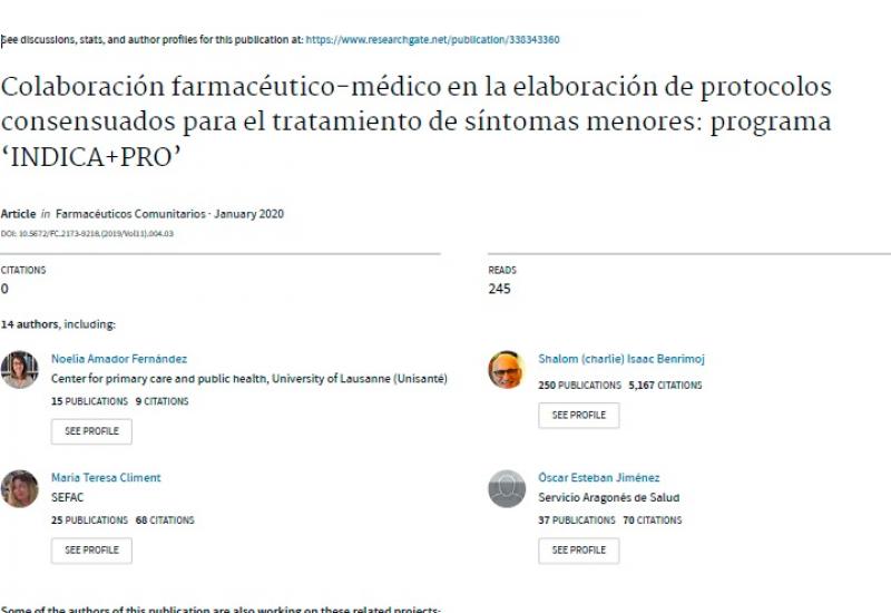 Amador N et al (2020). Colaboración farmacéutico-médico en la elaboración de protocolos consensuados para el tratamiento de síntomas menores: programa ‘INDICA+PRO’