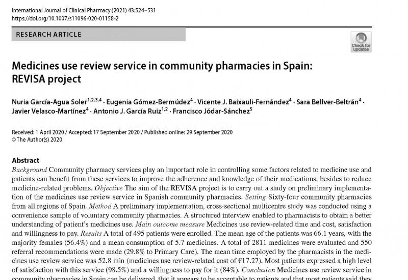 García-Agua N et al (2020). Medicines use review service in community pharmacies in Spain: REVISA project